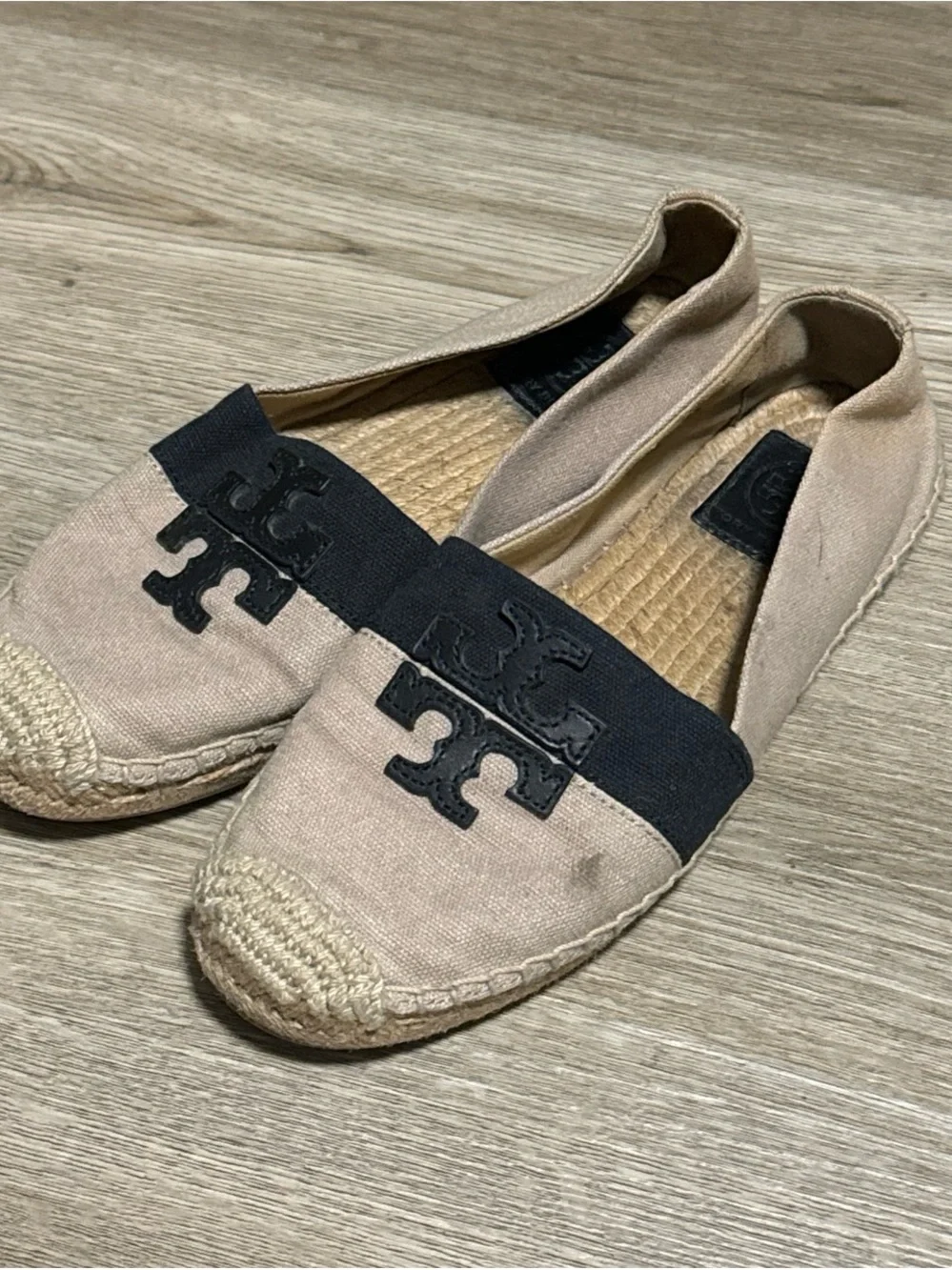 Tory Burch Beige Canvas Espadrille Flats with Black Logo Band